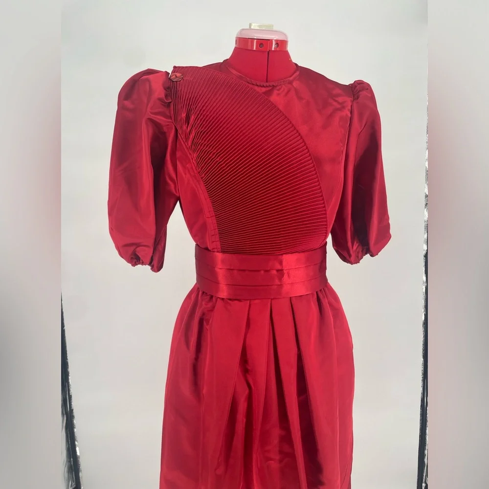 Rare 1980s Ruby Red Donna Morgan Satin Puff Sleeve Cocktail Dress - Picture 11 of 16